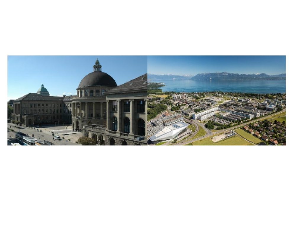 A esquerda: imponente edifício da ETH Zurique. A direita: moderno campus da EPF Lausanne com vista para o lago Léman e os alpes na Suíça