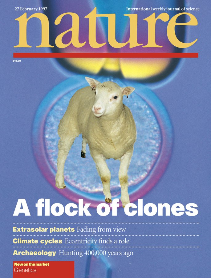 Capa da publicação sobre o nascimento de Dolly na revista Nature