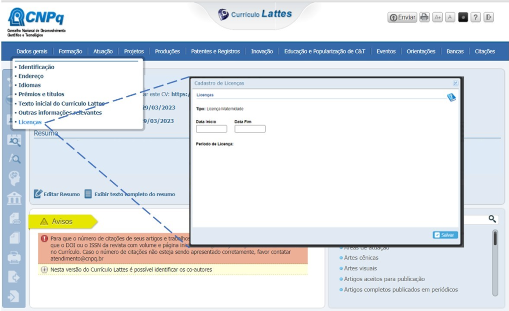 Currículo Lattes apresenta a opção de inserir o tempo de licença-maternidade.